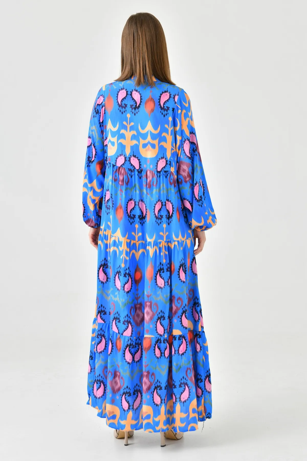 lovebox  Ethnisch gemustertes, geknöpftes, vorherrschender Kragen, Ballonärmel, Midi-Länge, weit ausgestellter Schnitt, blaues Sommerkleid 036
