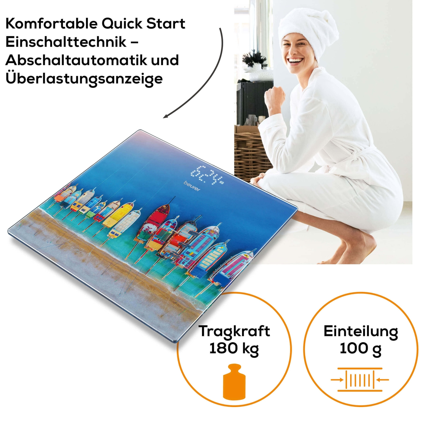 Beurer Boats Glaswaage GS 215-Personenwaage aus Glas mit unsichtbarem Magic-Display - bis 180 kg