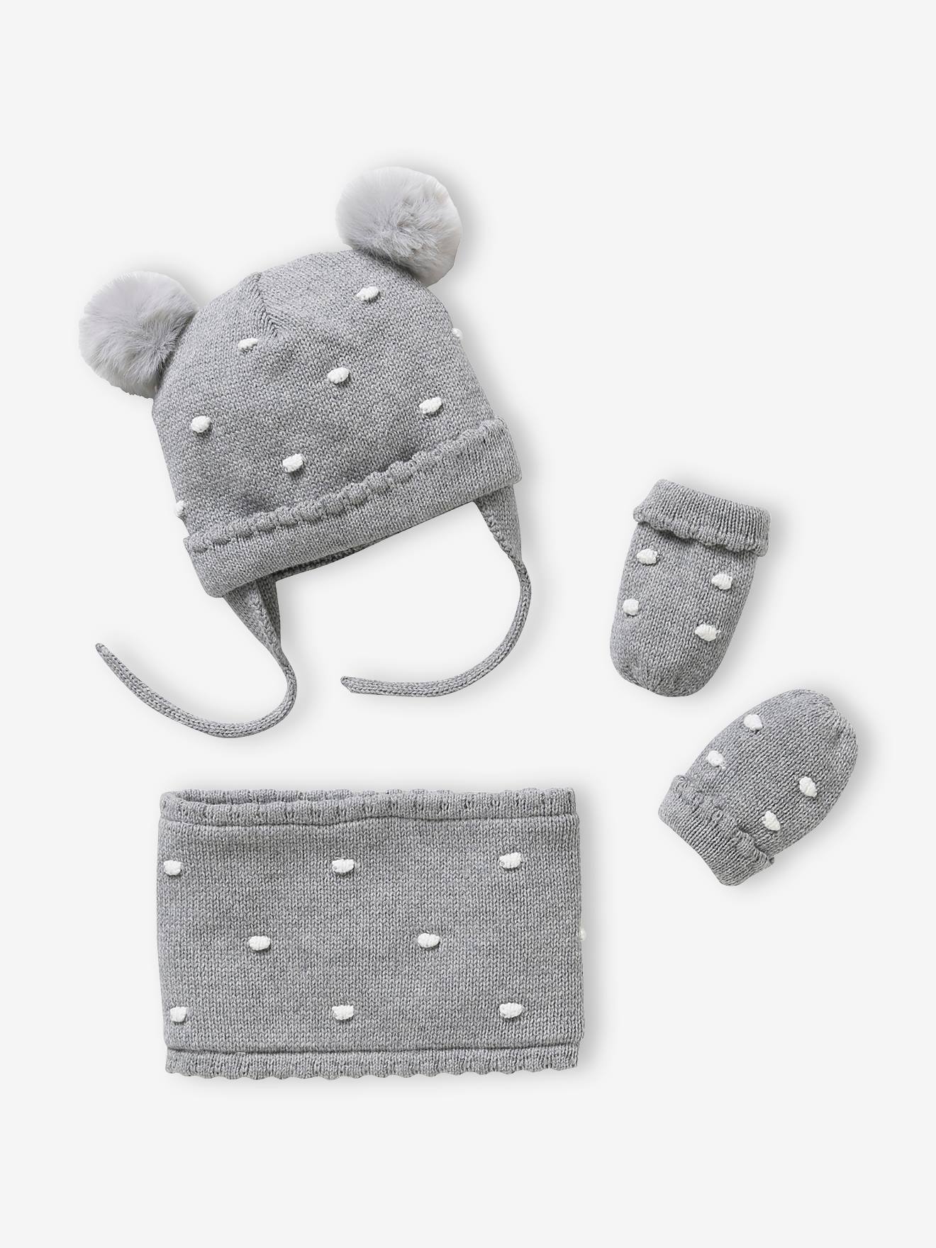 Vertbaudet Mädchen Baby-Set: Mütze, Rundschal & Fäustlinge, Tupfen - grau meliert