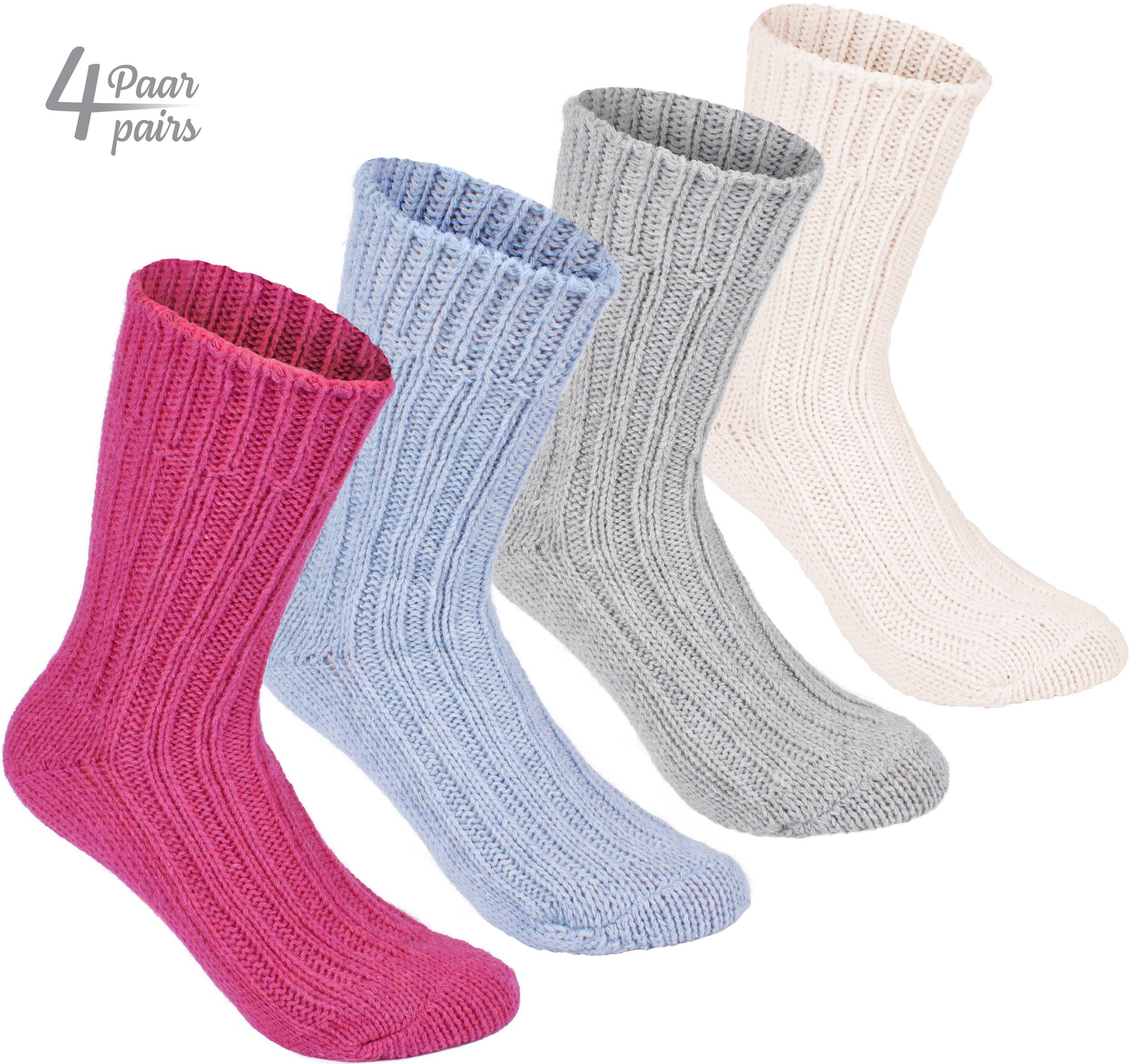 BRUBAKER Kuschelsocken warme Grobstrick Kaschmir-Socken (4-Paar, 48% Schafswolle und 40% Cashmere Anteil) Wintersocken für Damen und Herren