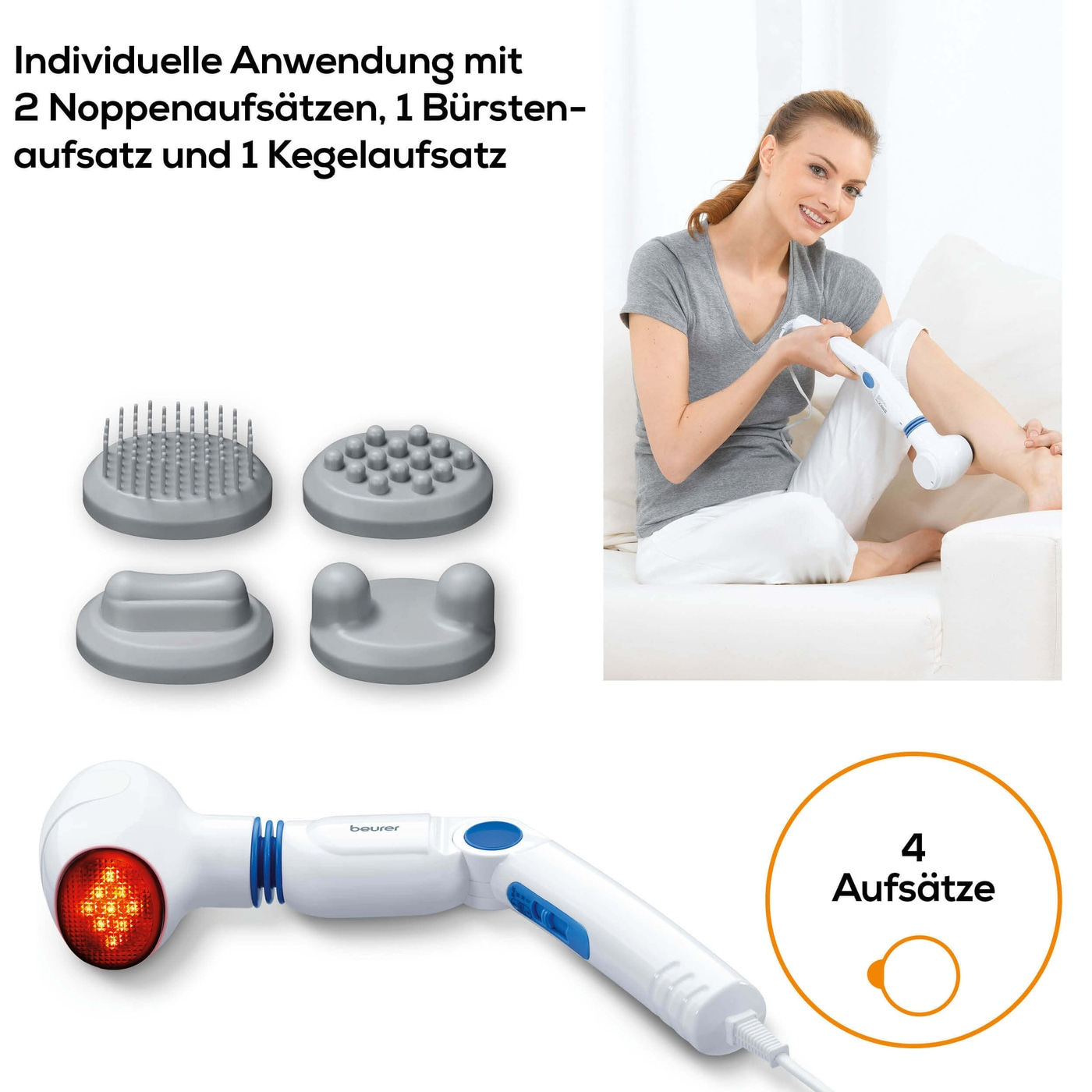 Beurer Infrarot-Massagegerät MG 40-Massagegerät für wohltuende Vibrationsmassage, Infrarotwärme & 4 Aufsätzen