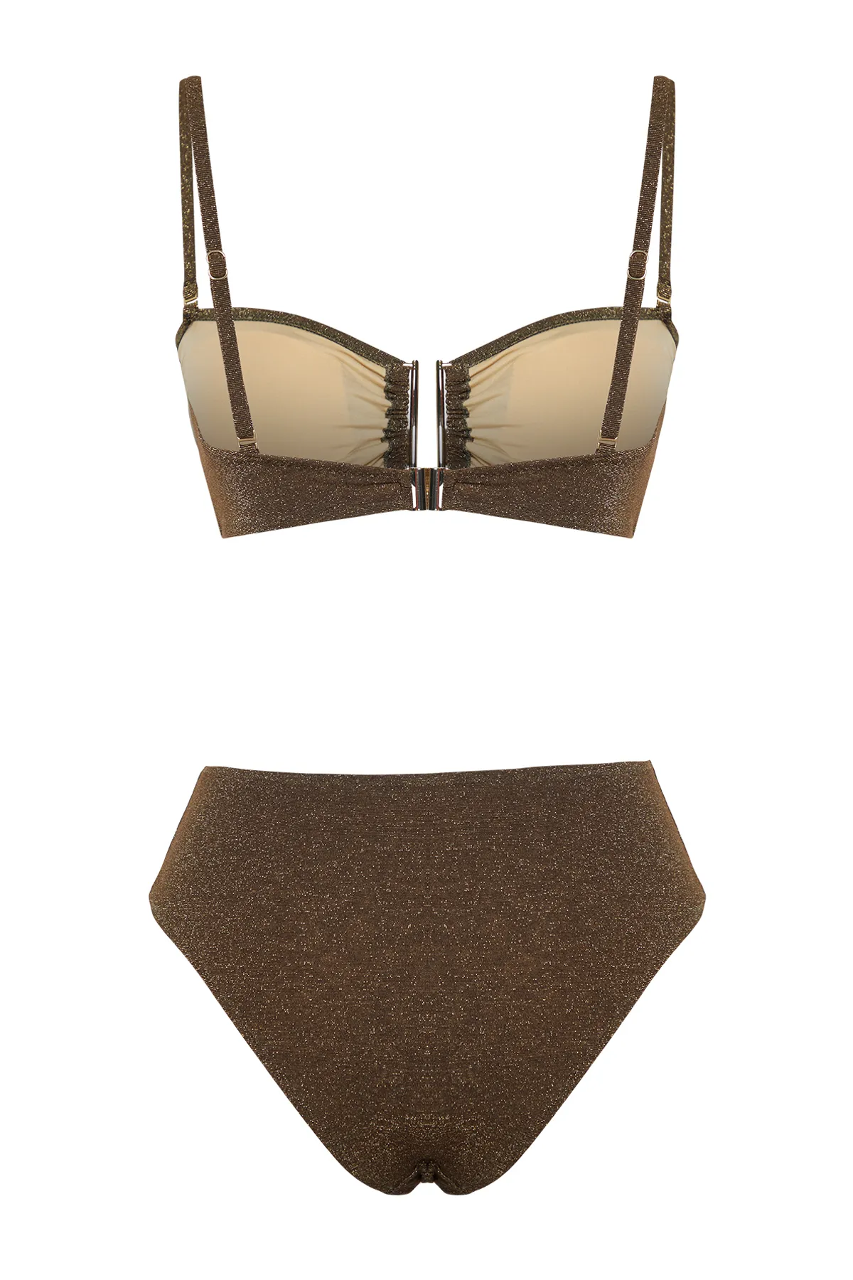Trendyol Collection  Braunes trägerloses brasilianisches Bikini-Set mit glitzernder hoher Taille und hohem Beinausschnitt TBESS24BT00054