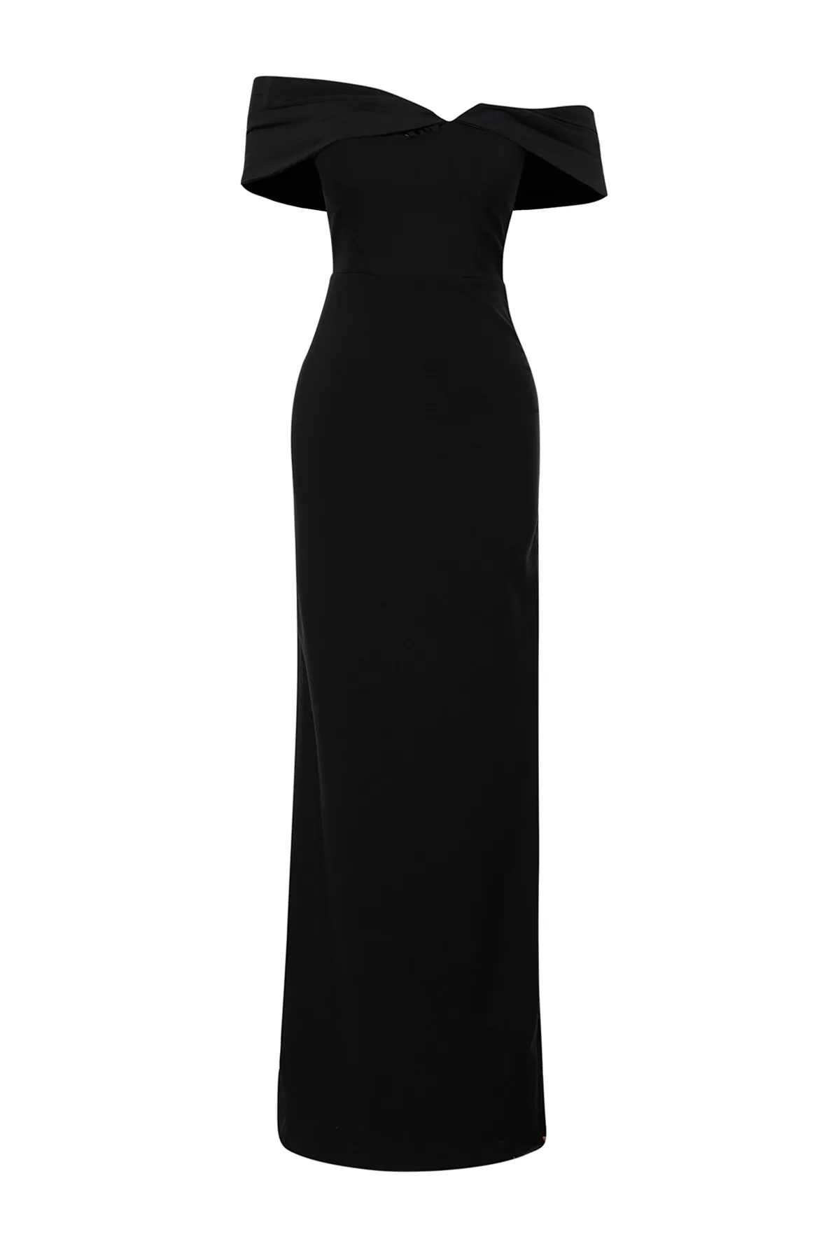 Trendyol Collection  Schwarzes, figurbetontes langes Abendkleid aus Popeline mit asymmetrischem Kragen und Details TPRSS24AE00084