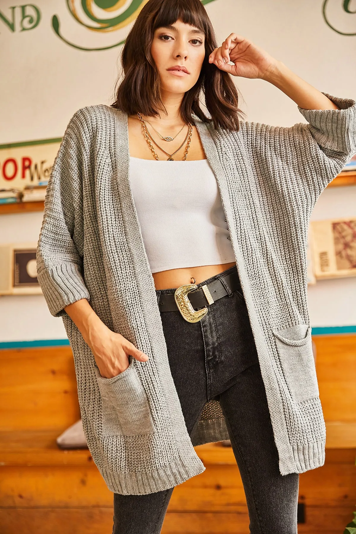 Olalook  Graue Strickjacke mit gefalteten Armtaschen für Damen HRK-19000123