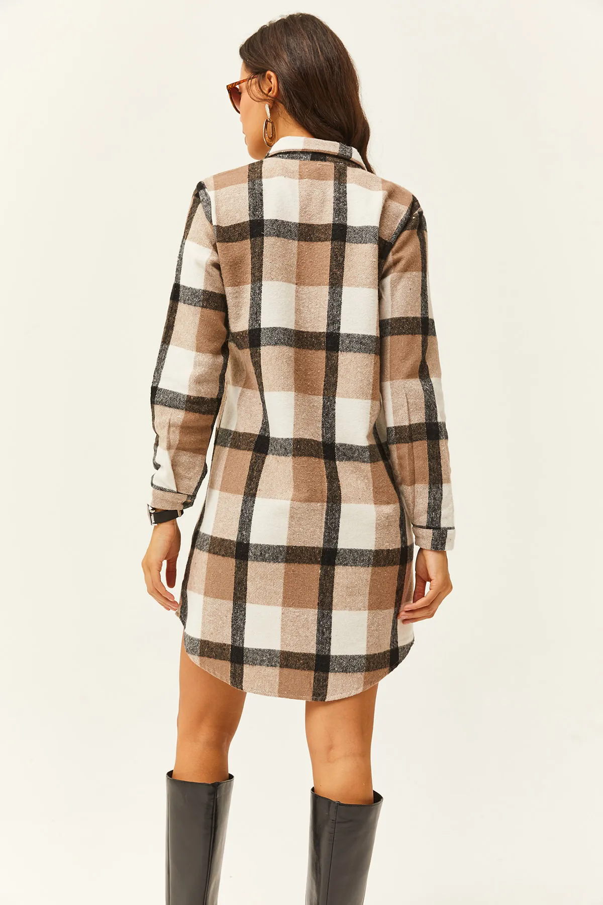 Olalook  Damen Schwarz Grau Lumberjack Dickes Plaid Tunika Kleid ELB-19000836