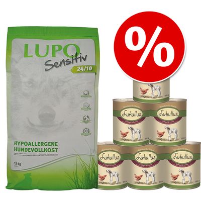Sparpaket Lupo Sensitiv + Lukullus Geflügel & Lamm Nassfutter