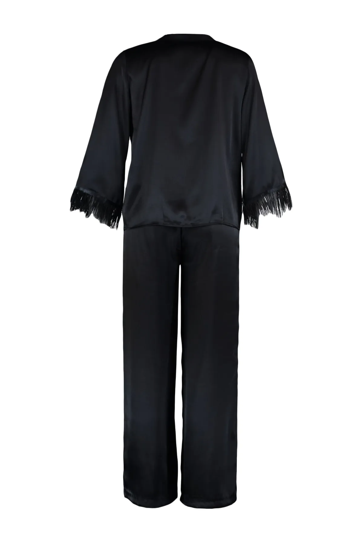 Trendyol Collection  Gewebtes Pyjama-Set aus Hemd und Hose aus Satin mit schwarzen Federn und detaillierten Details THMAW23PT00086