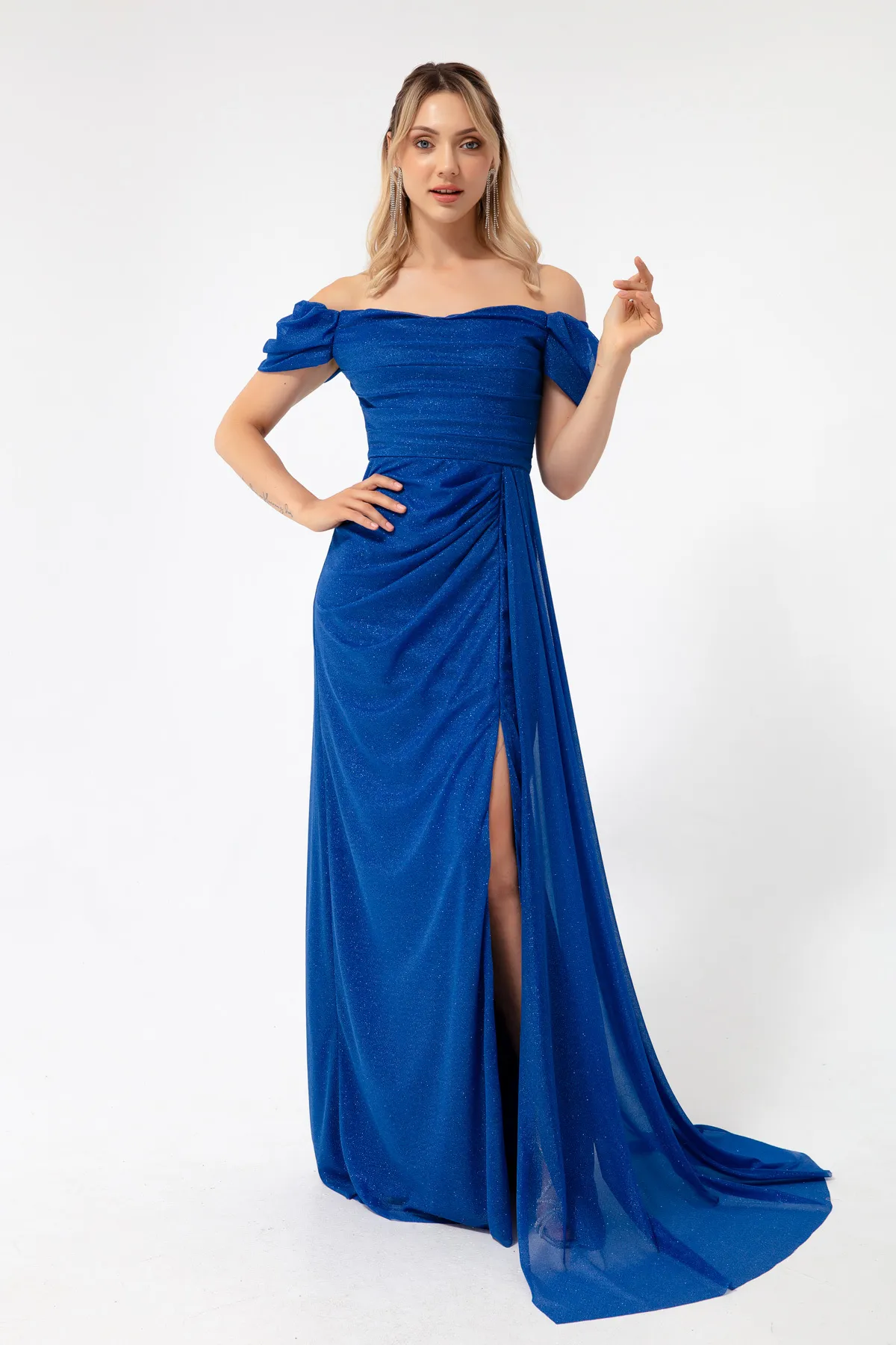 Lafaba  Saks Damen-Abendkleid mit U-Boot-Ausschnitt, drapiertem Schlitz und langem Glitzer-Abendkleid