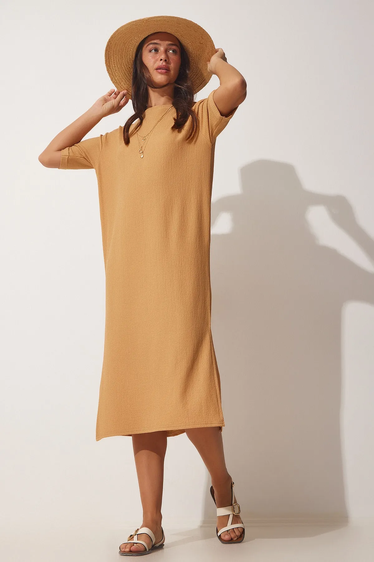 Happiness İstanbul  Biscuit Textured Daily Midi-Strickkleid für Damen LH00037
