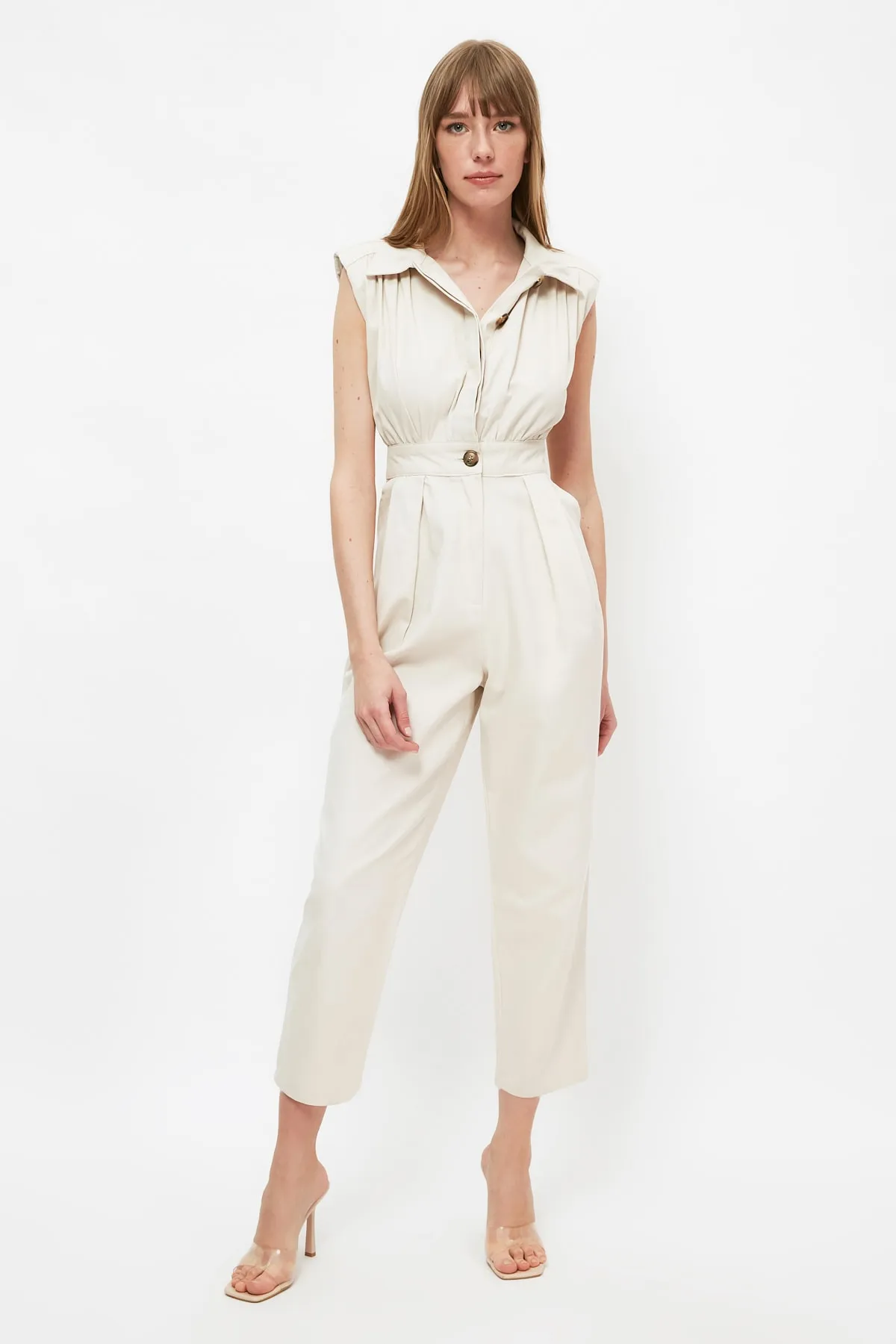 Trendyol Collection  Steinfarbener Maxi-Weboverall mit Hemdkragen TWOSS21TU0233