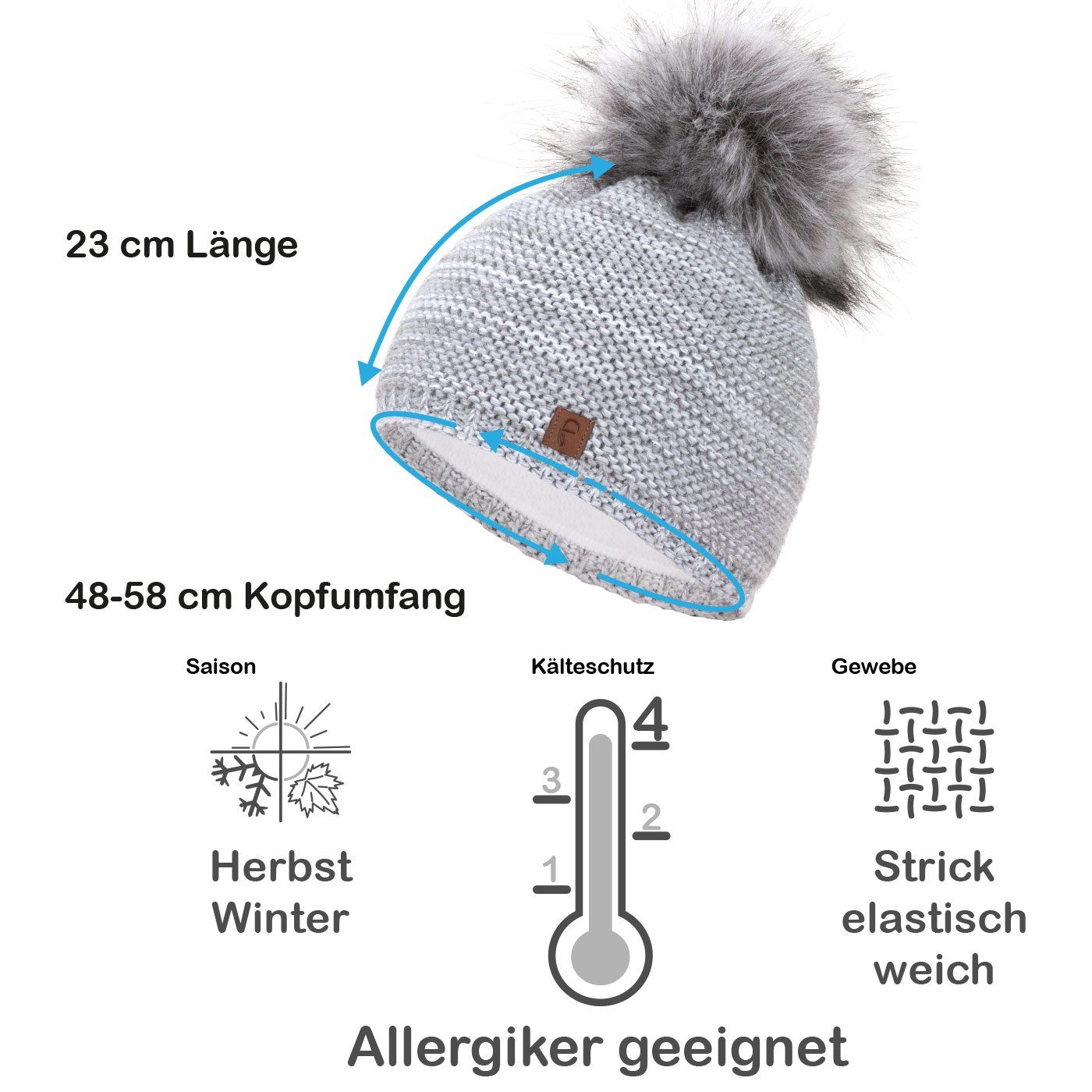 Faera Bommelmütze Wintermütze Damen Mütze Beanie Haube gefüttert Strickmütze Bommelmütze