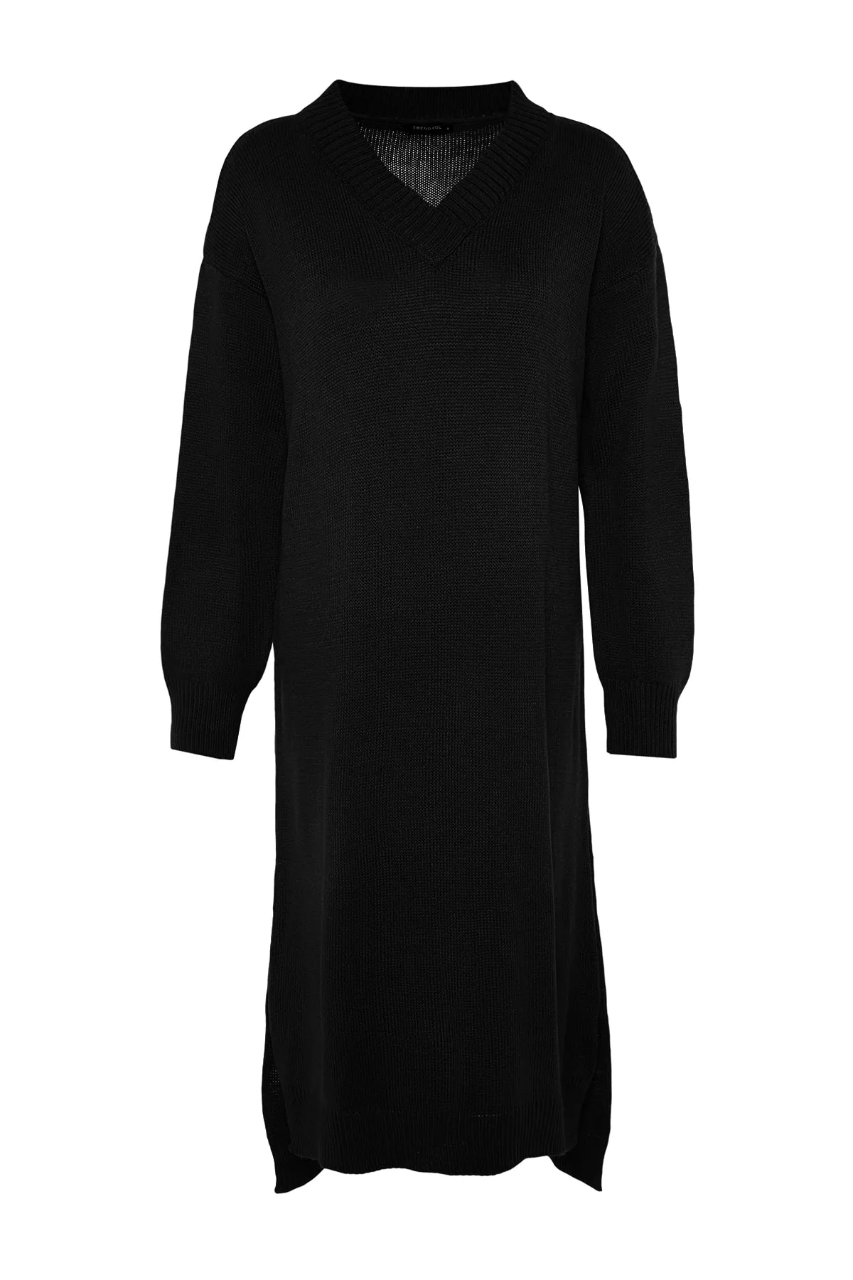 Trendyol Collection  Schwarzes Maxi-Strickkleid mit V-Ausschnitt TWOAW23EL00642