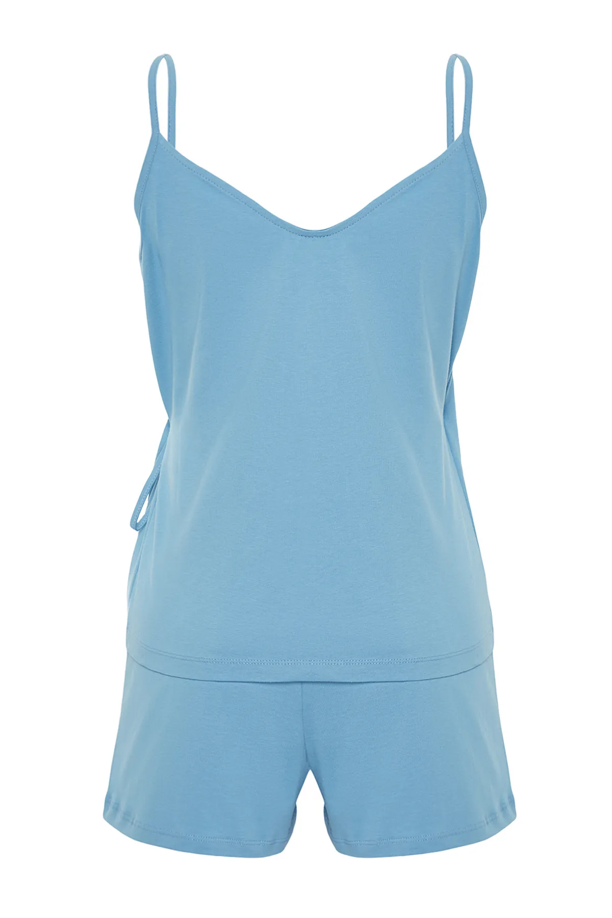 Trendyol Collection  Blaues Pyjama-Set aus 100 % Baumwolle mit detailliertem Seilriemen THMSS24PT00081