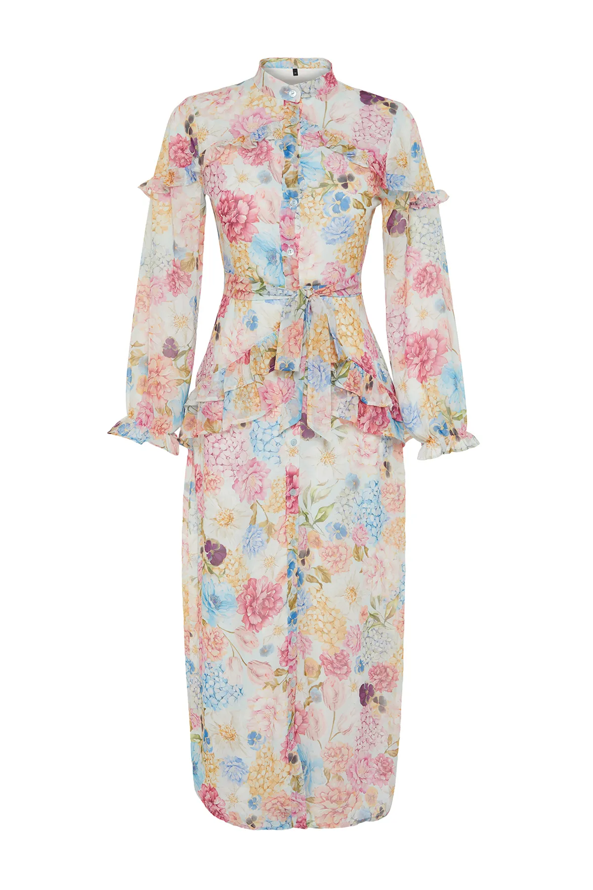 Trendyol Modest  Fliederfarbenes Kleid aus gewebtem Chiffon mit floralem Rüschendetail und Futter TCTSS24EB00003