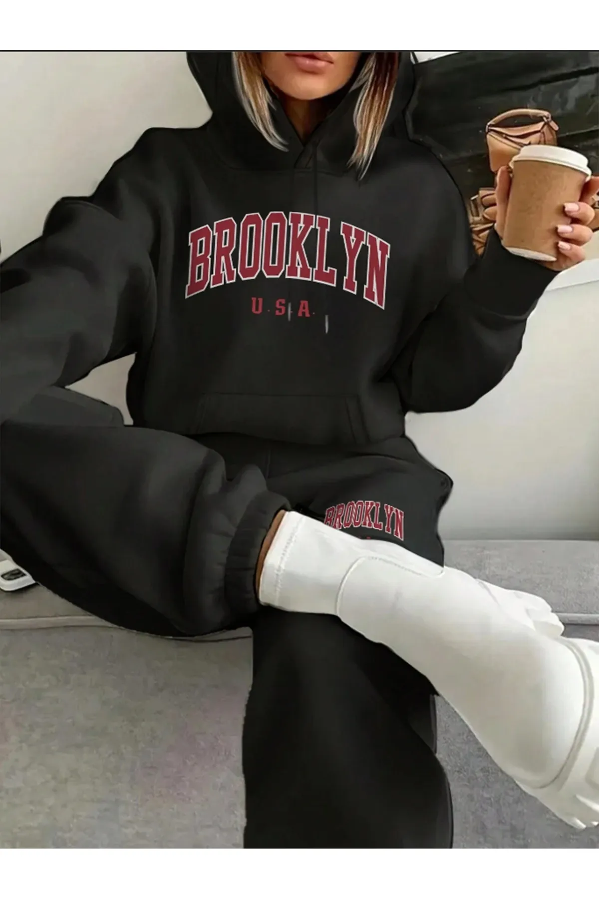 Know  Schwarzer „Brooklyn USA“ bedruckter Oversize-Trainingsanzug für Damen