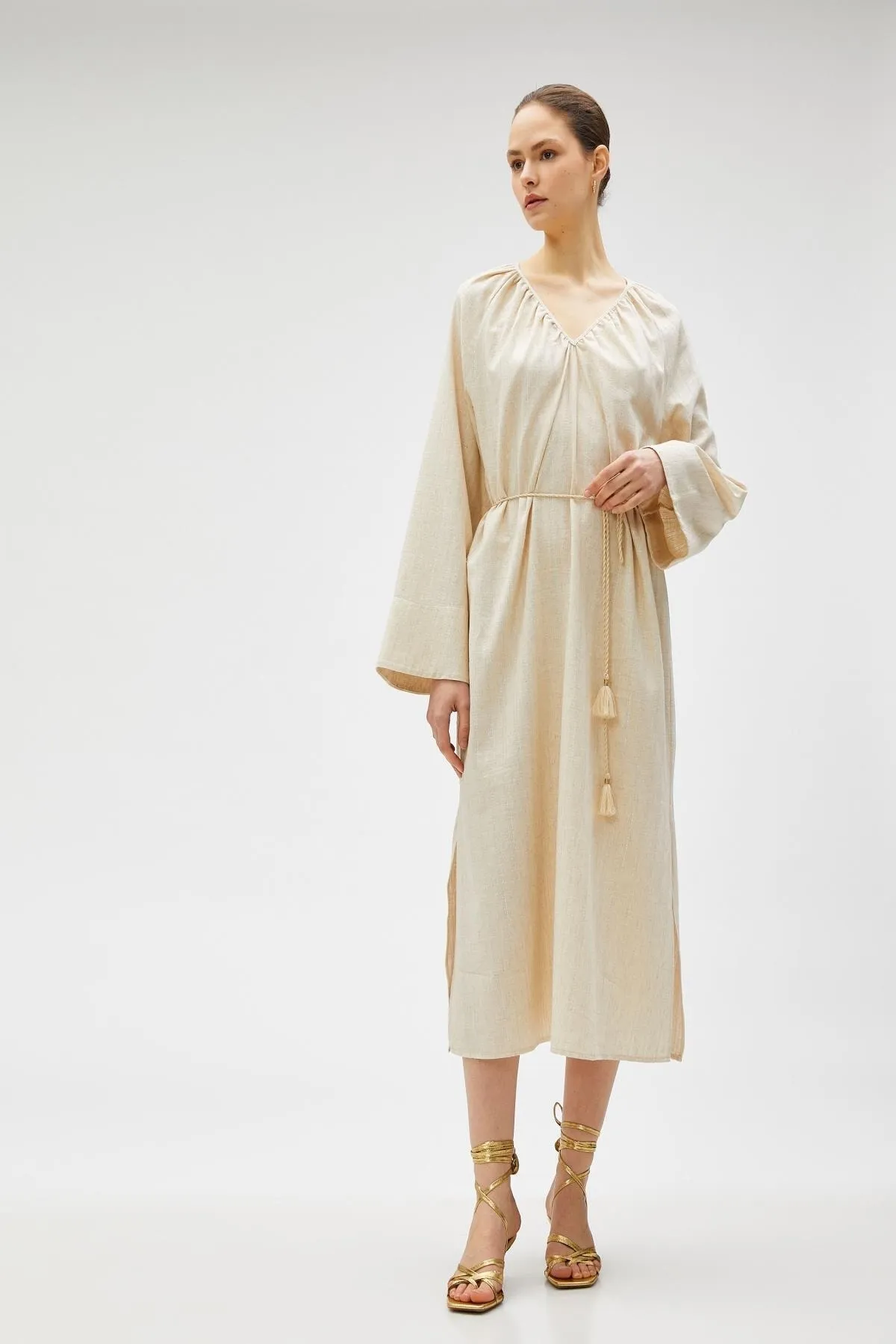 Koton  Beige gestreiftes Damenkleid 3SAK80044CW
