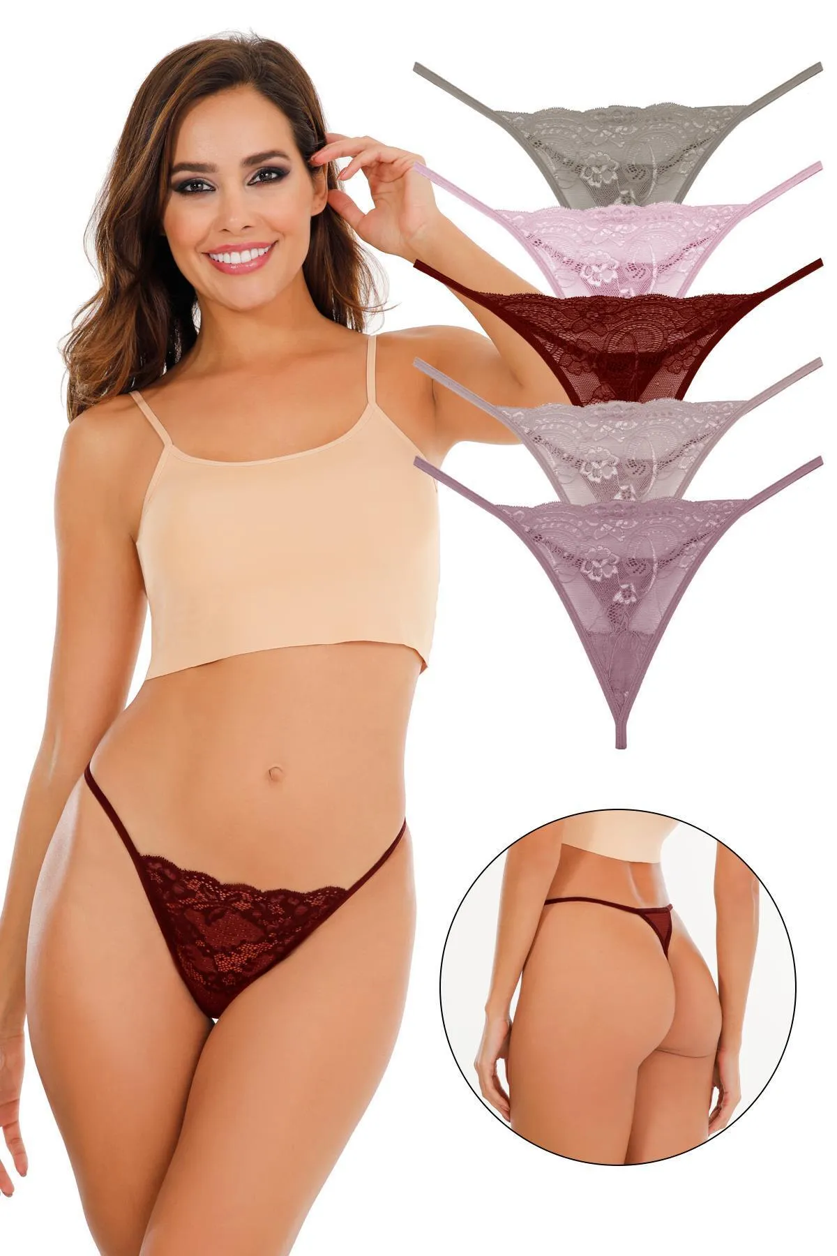 Sensu  Damen-Tanga mit Kordelzug und Spitze, 5-teiliges Höschen-Set, gemischte Farben, KTS3062