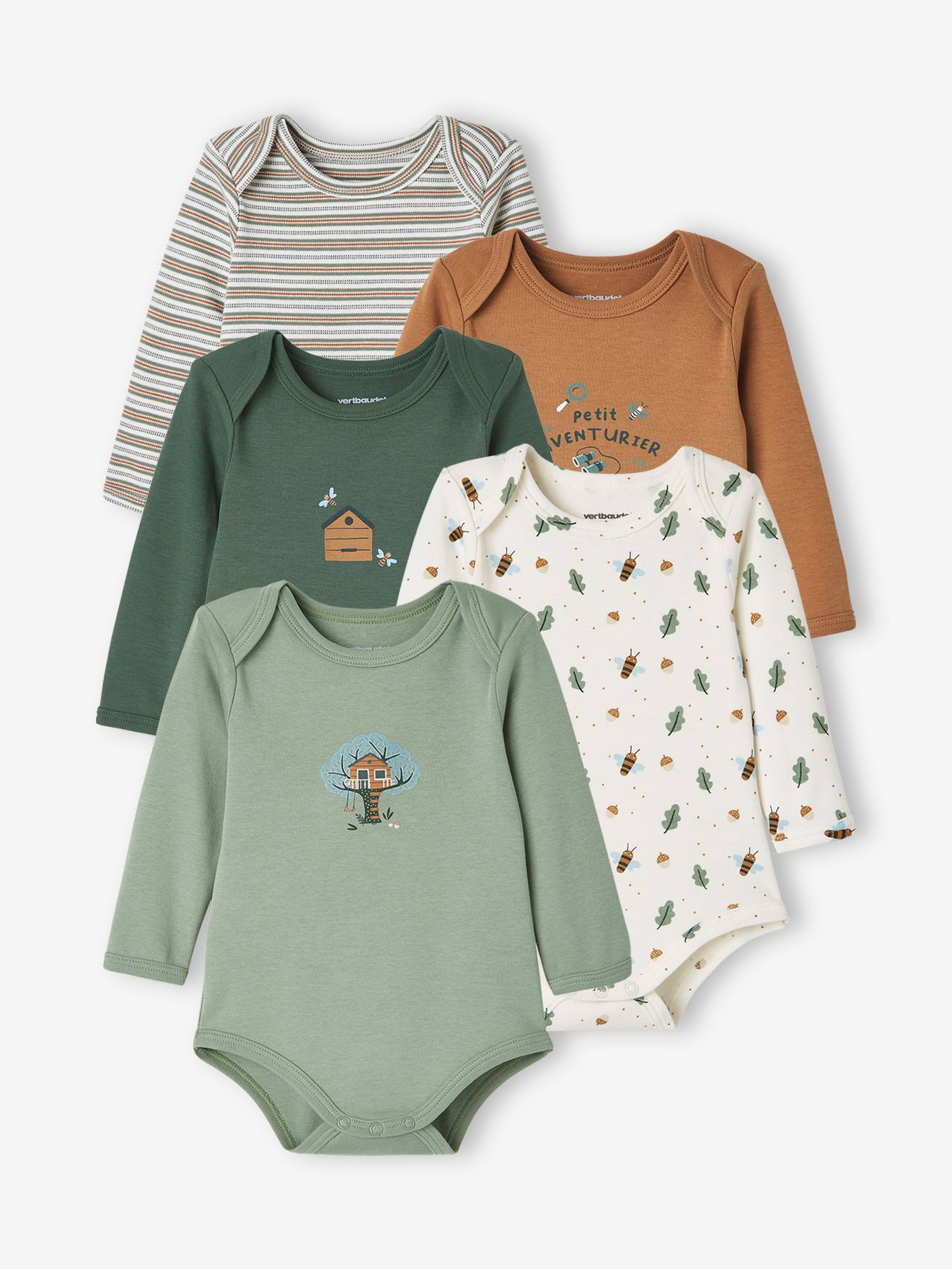 Vertbaudet 5er-Pack Baby Langarm-Bodys, Schlupfform Oeko-Tex - pack dunkelkhaki
