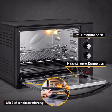 TZS FIRST AUSTRIA Minibackofen Mini-Backofen mit Umluft 45L, 2000W, Kochen, Backen, Hähnchengrill, Temperaturregler 100-230°, energieeffizient, Miniküche, Camping