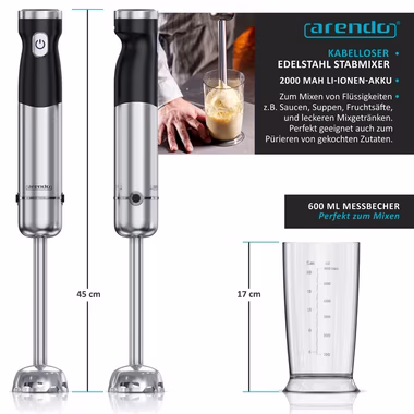 Arendo Stabmixer, 200 W, kabellos, Edelstahl, Pürierstab mit Akku, inkl. 600 ml Messbecher