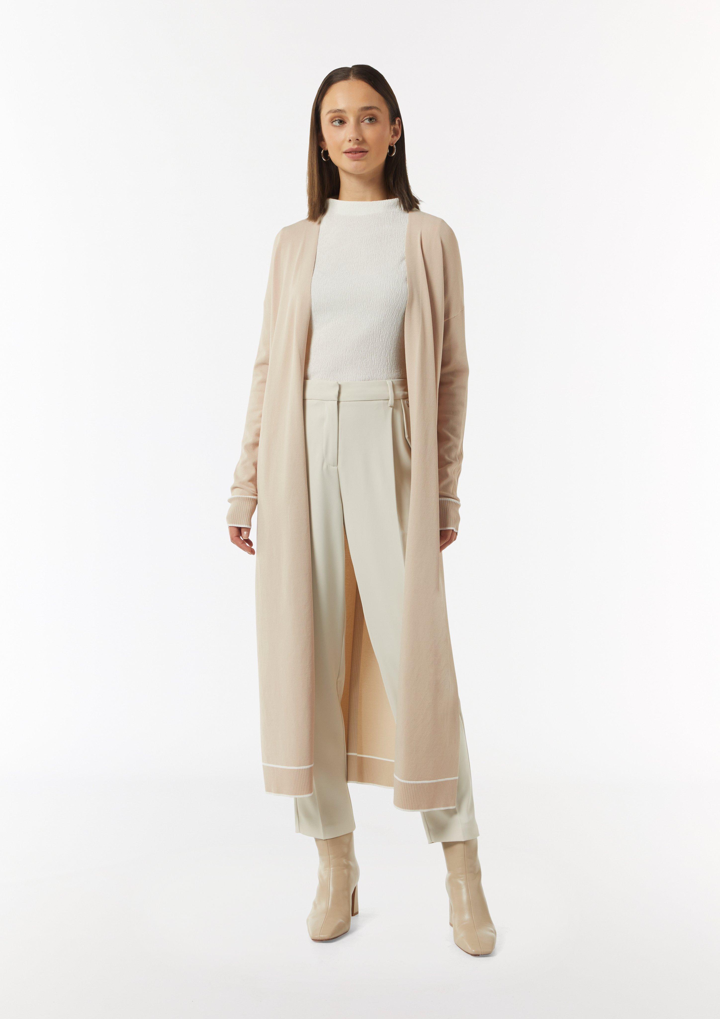 Long-Cardigan mit Kontrastdetails und seitlichen Schlitzen - beige