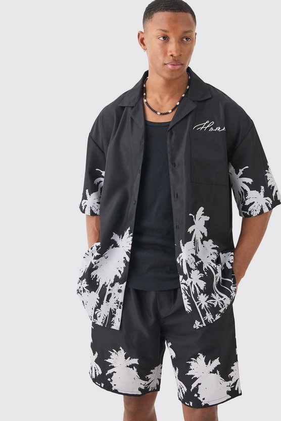 Kastiges Oversize Hemd mit Palmen-Saum & Shorts