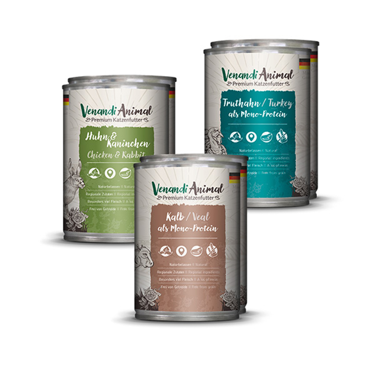 Venandi Animal - Probierpaket II 2xHuhn & Kaninchen, 2xKalb, 2xTruthahn