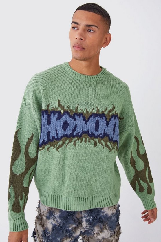 Kastiger Strickpullover mit Homme-Graffiti