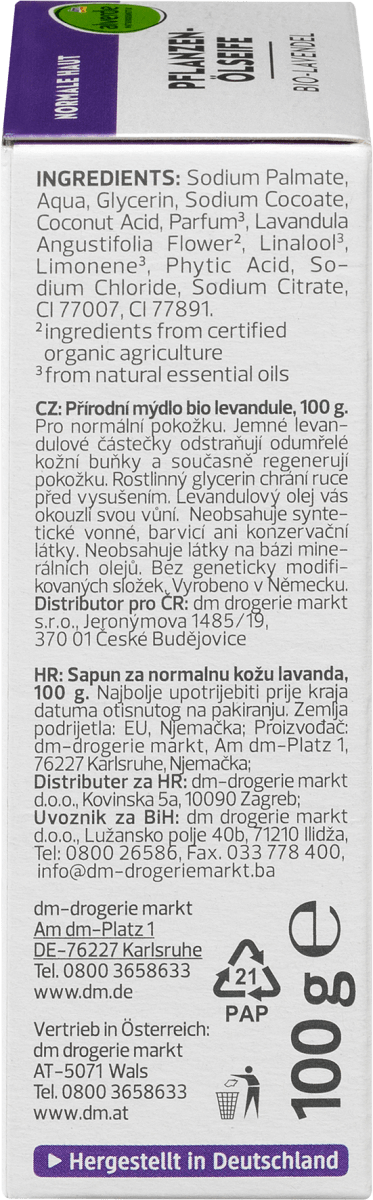 Seifenstück Pflanzenölseife mit Bio-Lavendel, 100 g