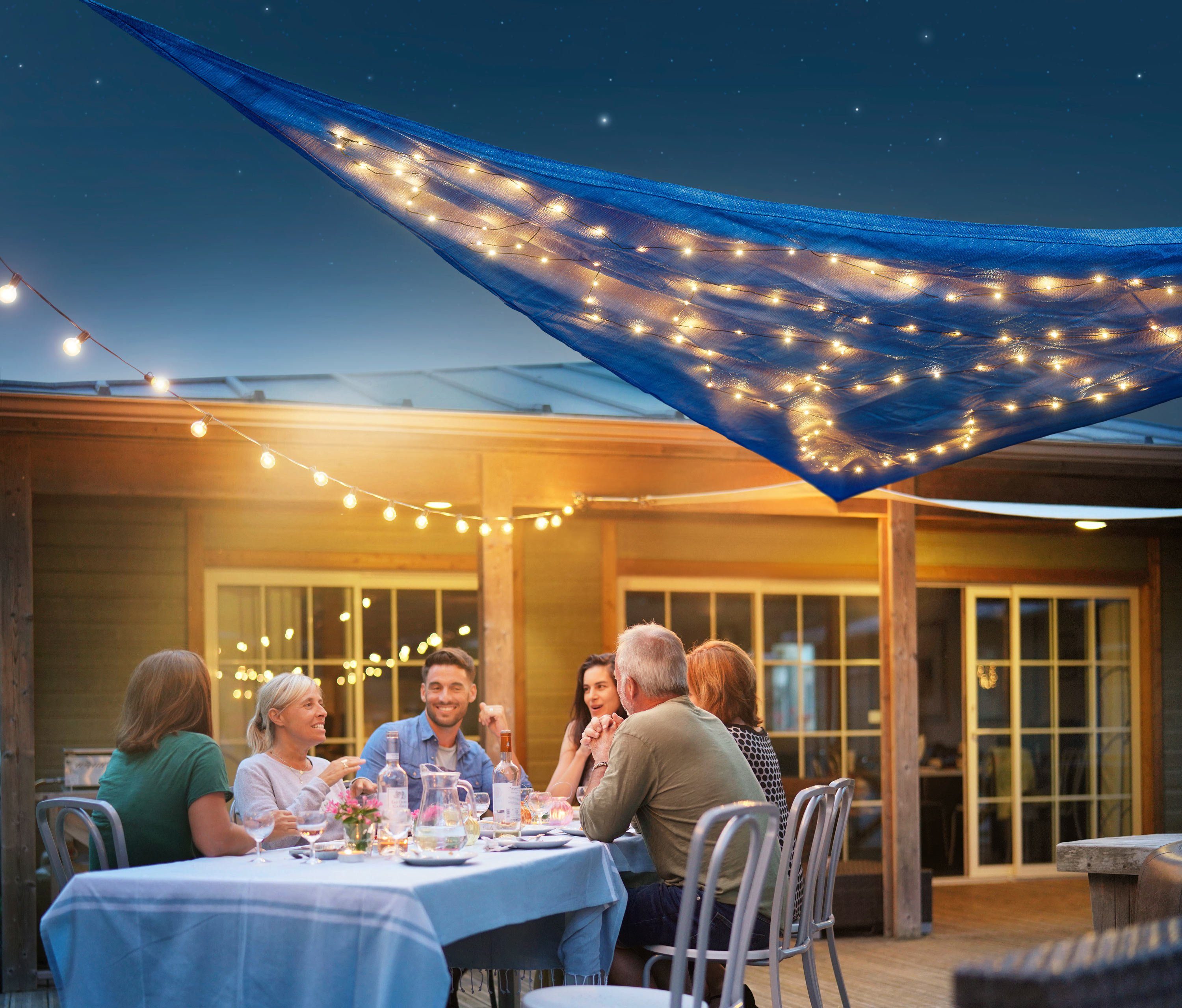 kamelshopping Sonnensegel Sonnensegel mit LED Solar Beleuchtung, dreieckig, ca. 3,25 x 3,25 x 3m, Polyethylen, Sonnenschutz mit Lichterkette, Funkelmodus, 110 LEDs, warmweiß