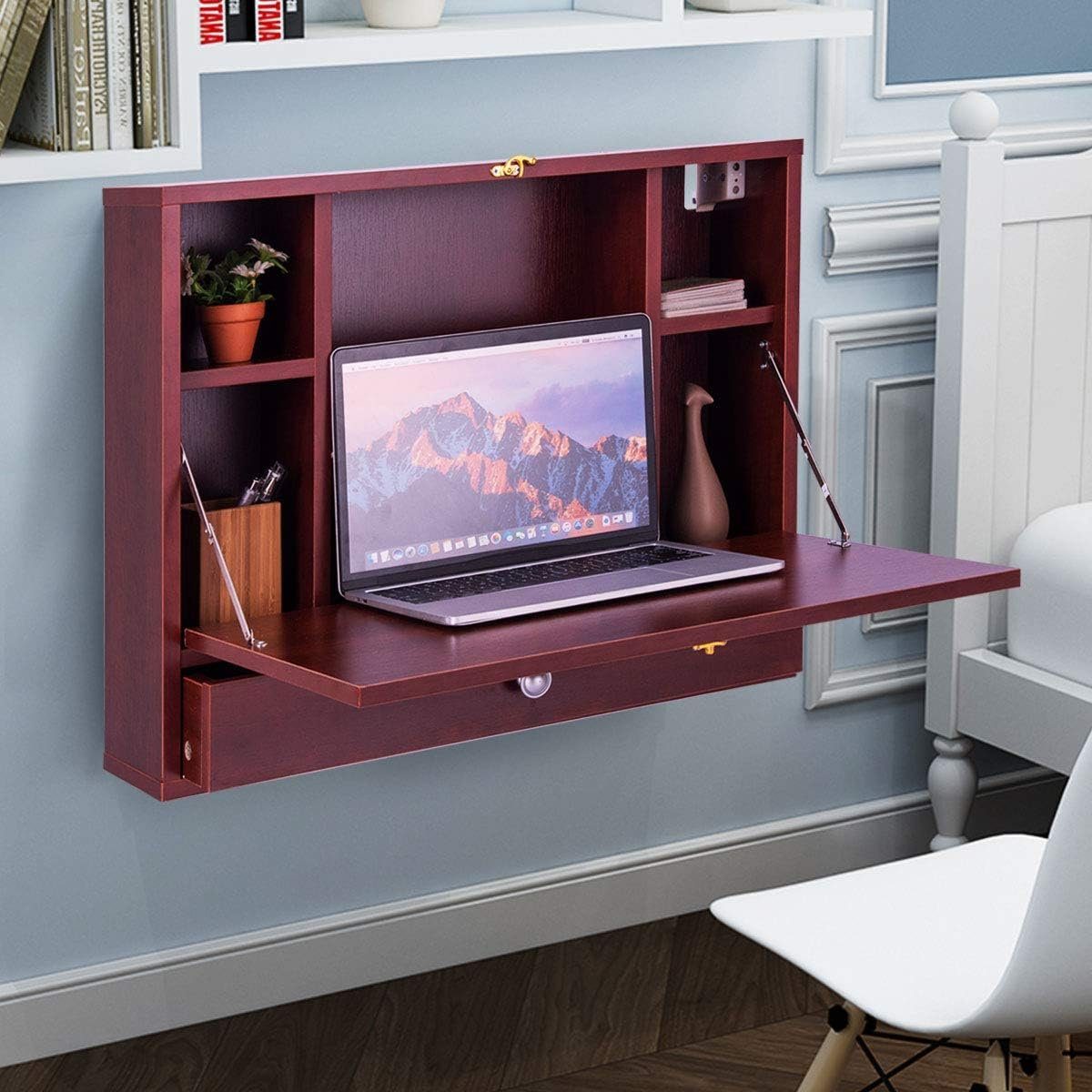 KOMFOTTEU Klapptisch Wandklapptisch, Arbeitstisch für PC Computer, aus Holz, mit Ablagefach und Schublade