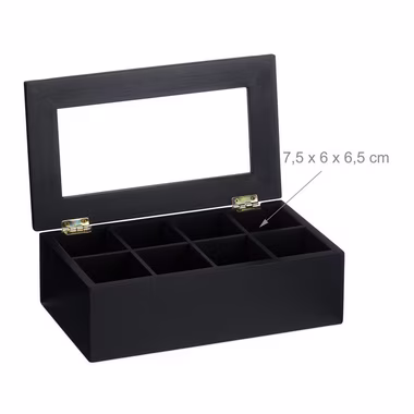 relaxdays Teebox Schwarze Teebox mit 8 Fächern, Bambus