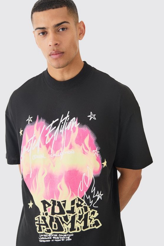 Oversize T-Shirt mit Herz Flammen Print