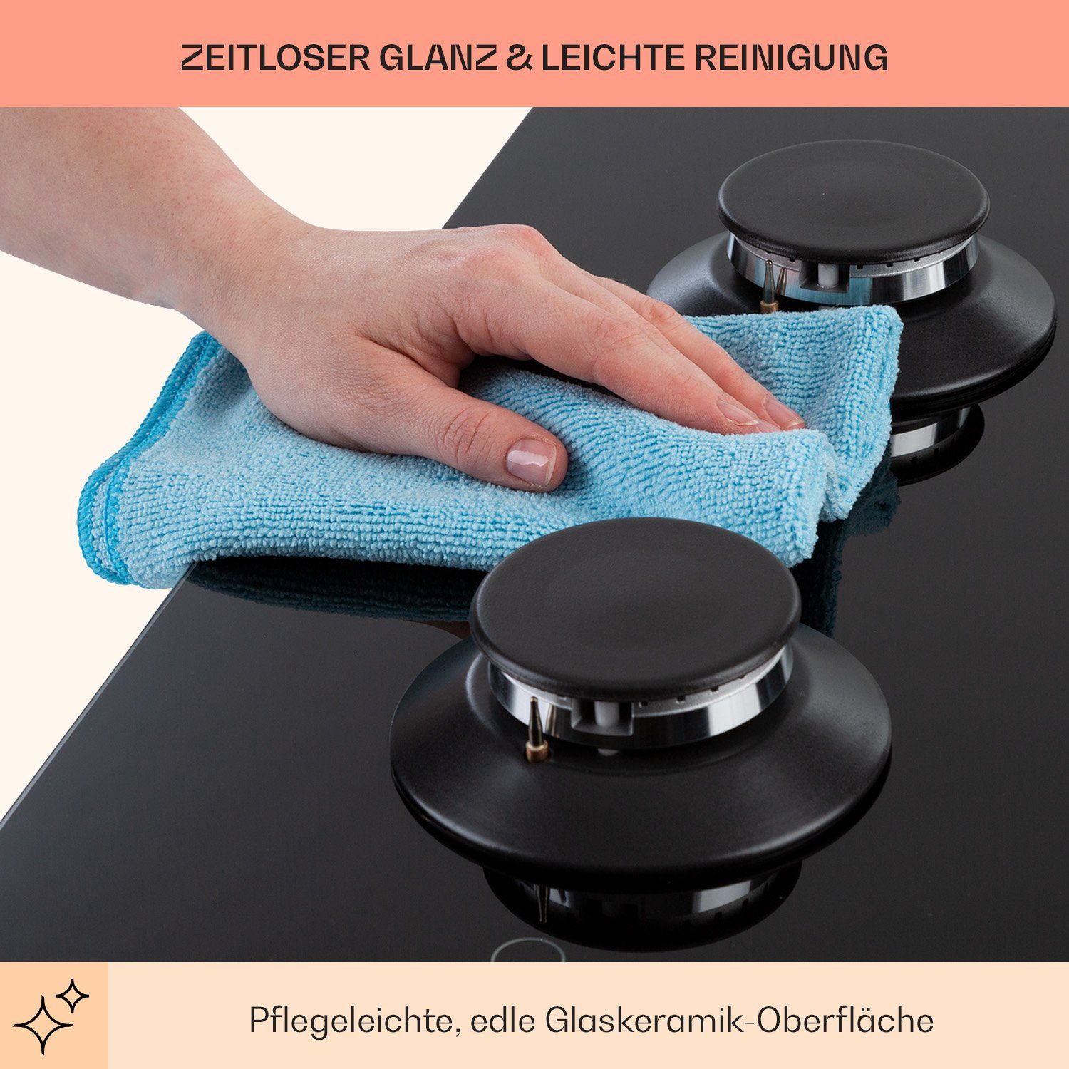 Klarstein Gas-Kochfeld Illuminosa 5 Gaskochfeld 5-flammig Sabaf-Brenner Glaskeramik CGCH6-Illuminosa-5, Gaskochfeld 5 flammen flammig Brenner Kochfeld