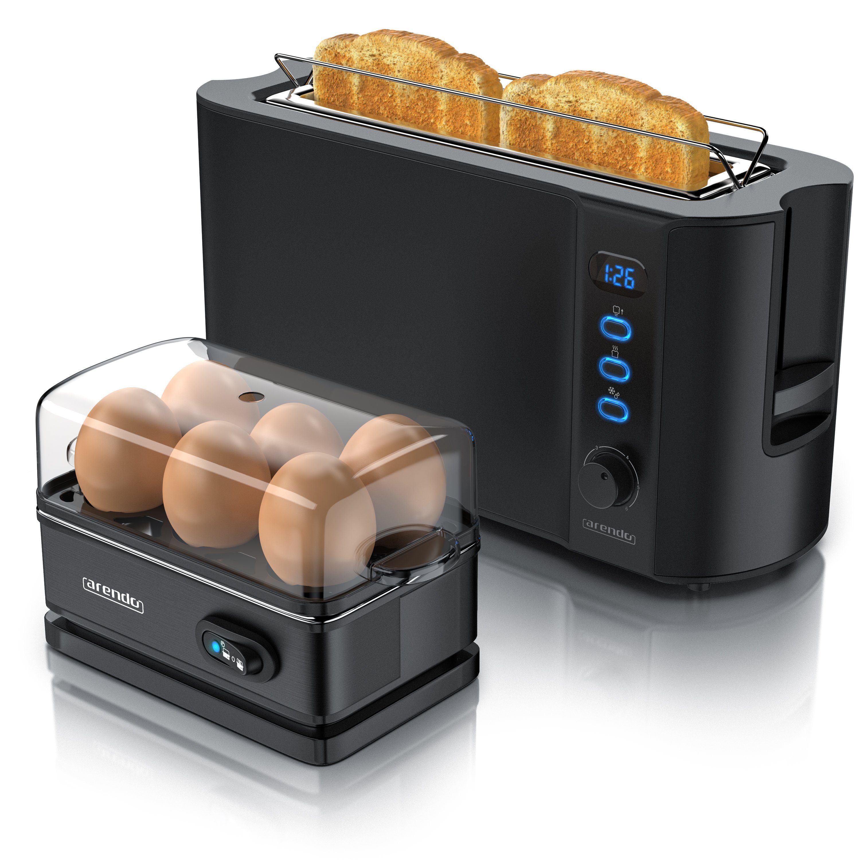 Arendo Frühstücks-Set (2-tlg), 2-Scheiben Langschlitz Toaster, 6er Eierkocher, Schwarz