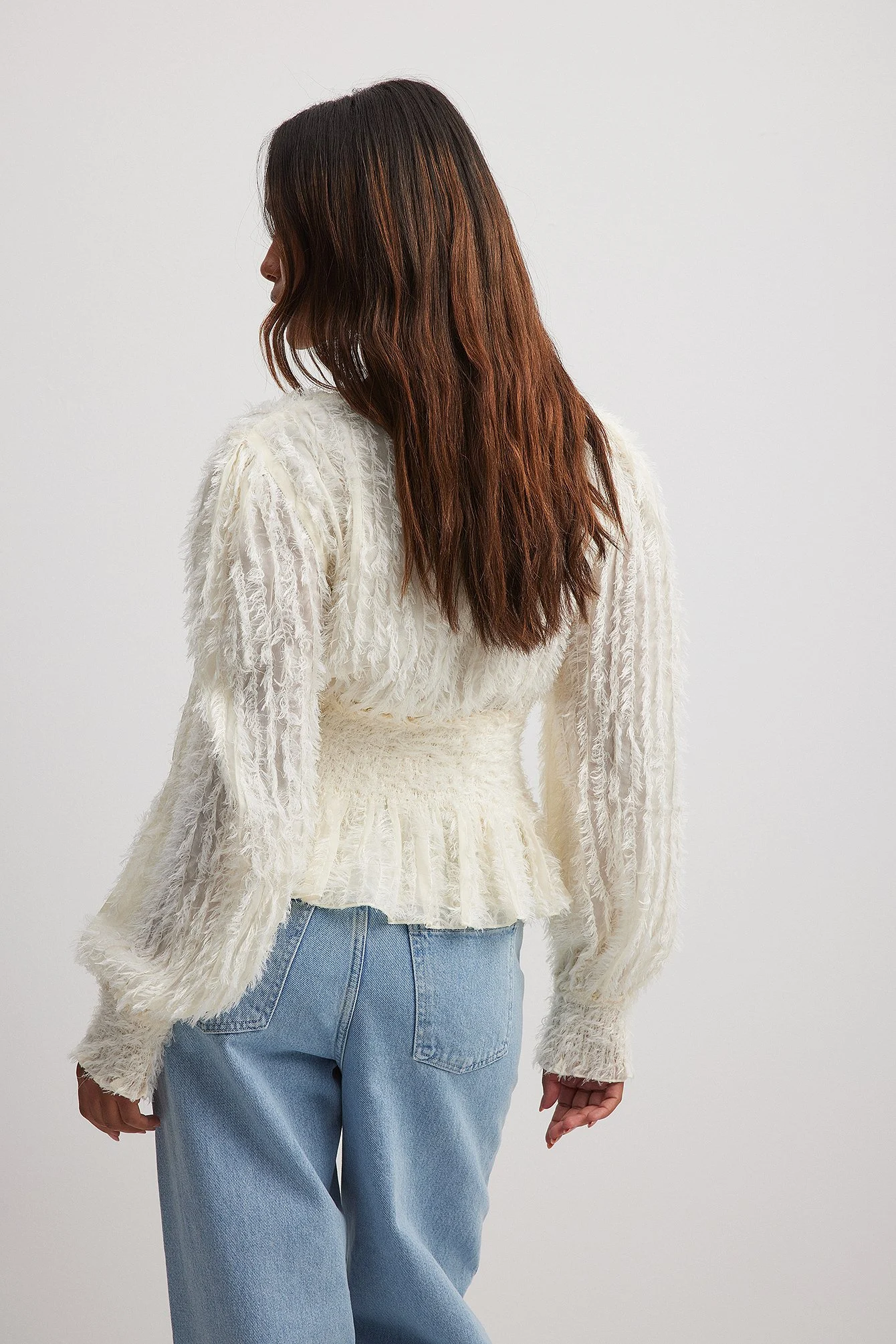 Recycelte gesmockte LS-Bluse mit Fransen