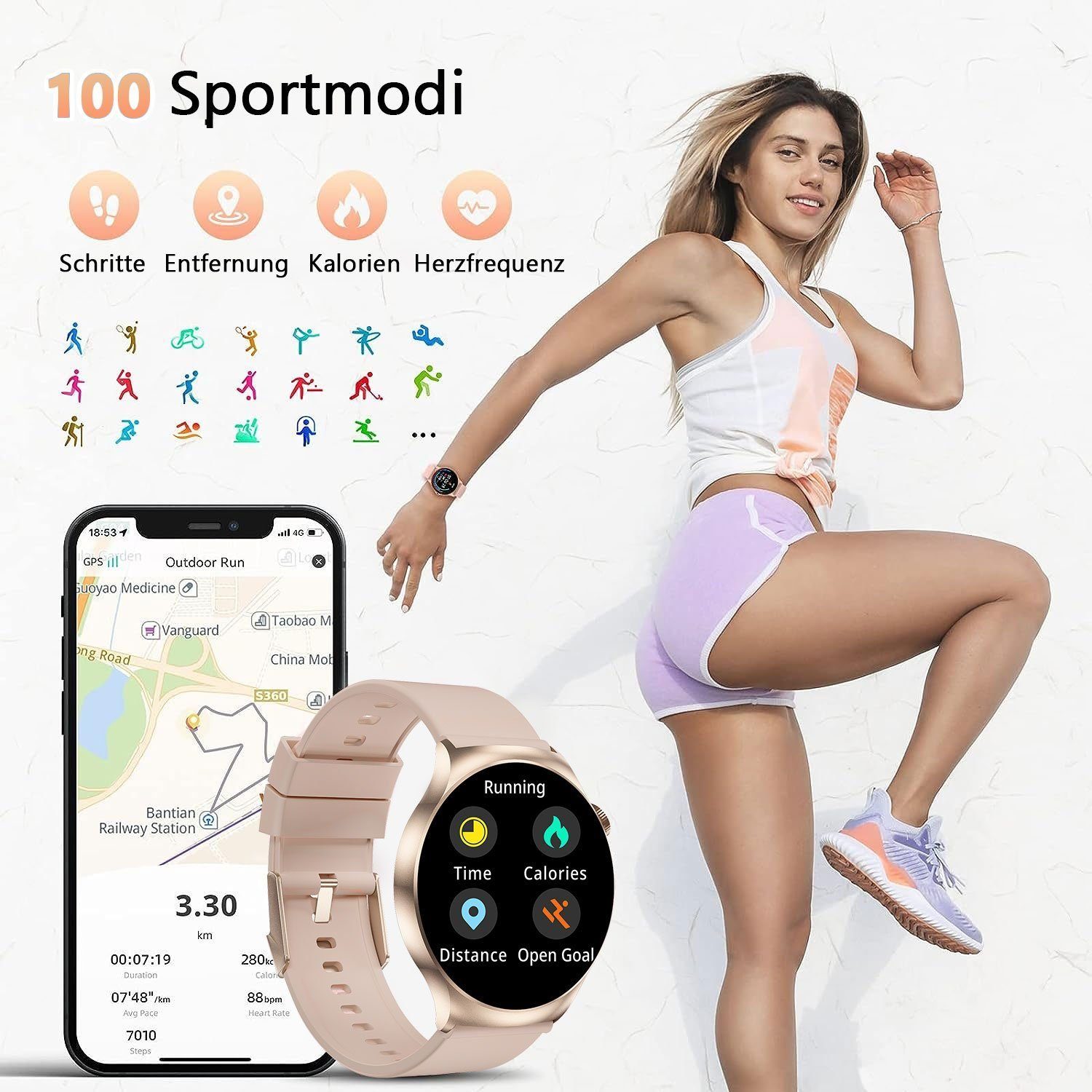 Yuede Smartwatch Damen Herren,Neueste Runde Fitness Uhr mit Anruffunktion Smartwatch (1,46 Zoll TFT HD Explosionssicherer gehärteter Glasbildschirm Zoll) Fitness Tracker Armbanduhr mit Schrittzähler, Blutsauerstoff, Blutdruckmessung, Schlafqualität,