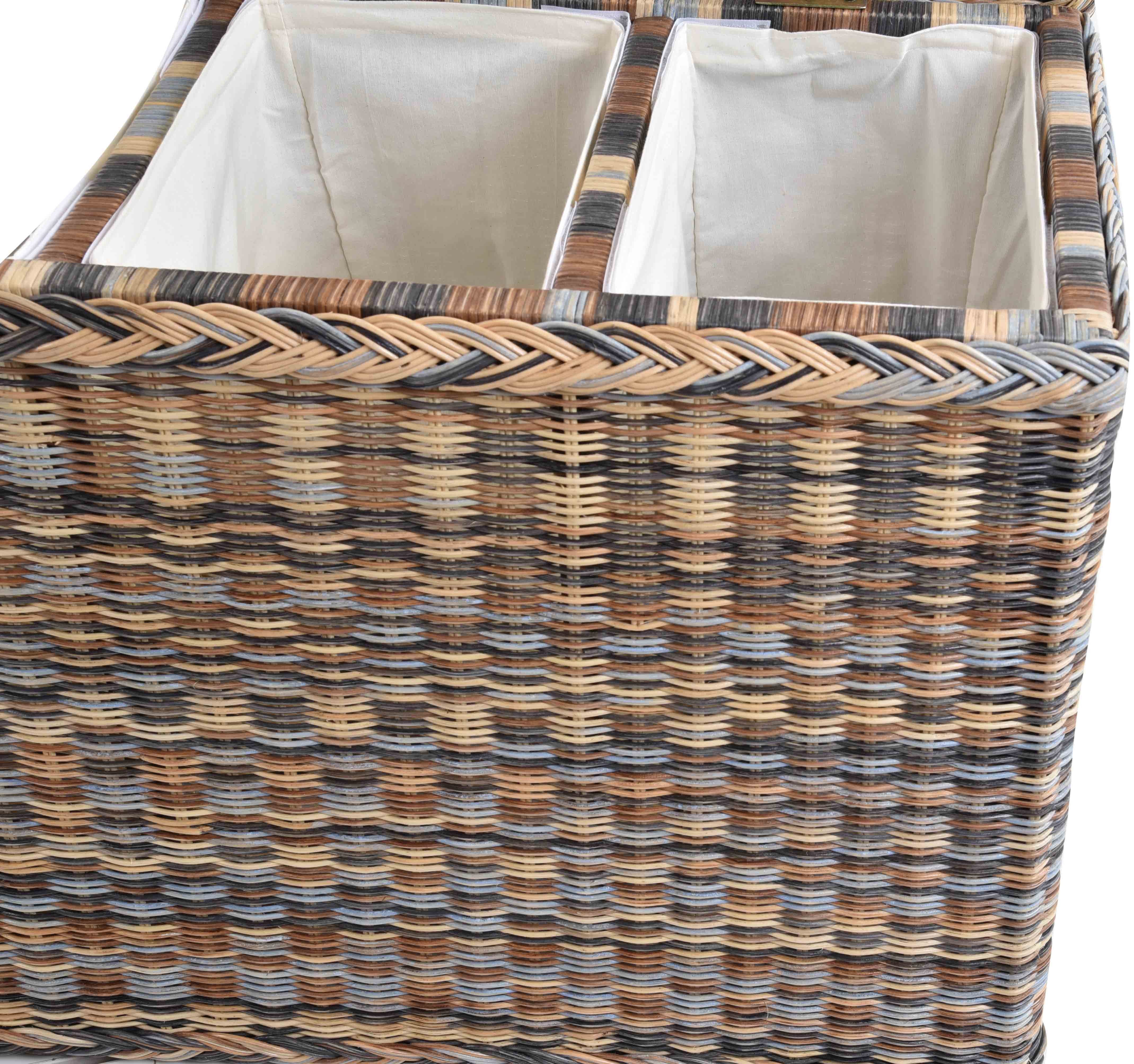 Krines Home Wäschesortierer Rattan Wäschekorb 3 Fächer Wäschesammler Wäschesortierer Unterteilung, mit Deckel und drei Unterteilungen