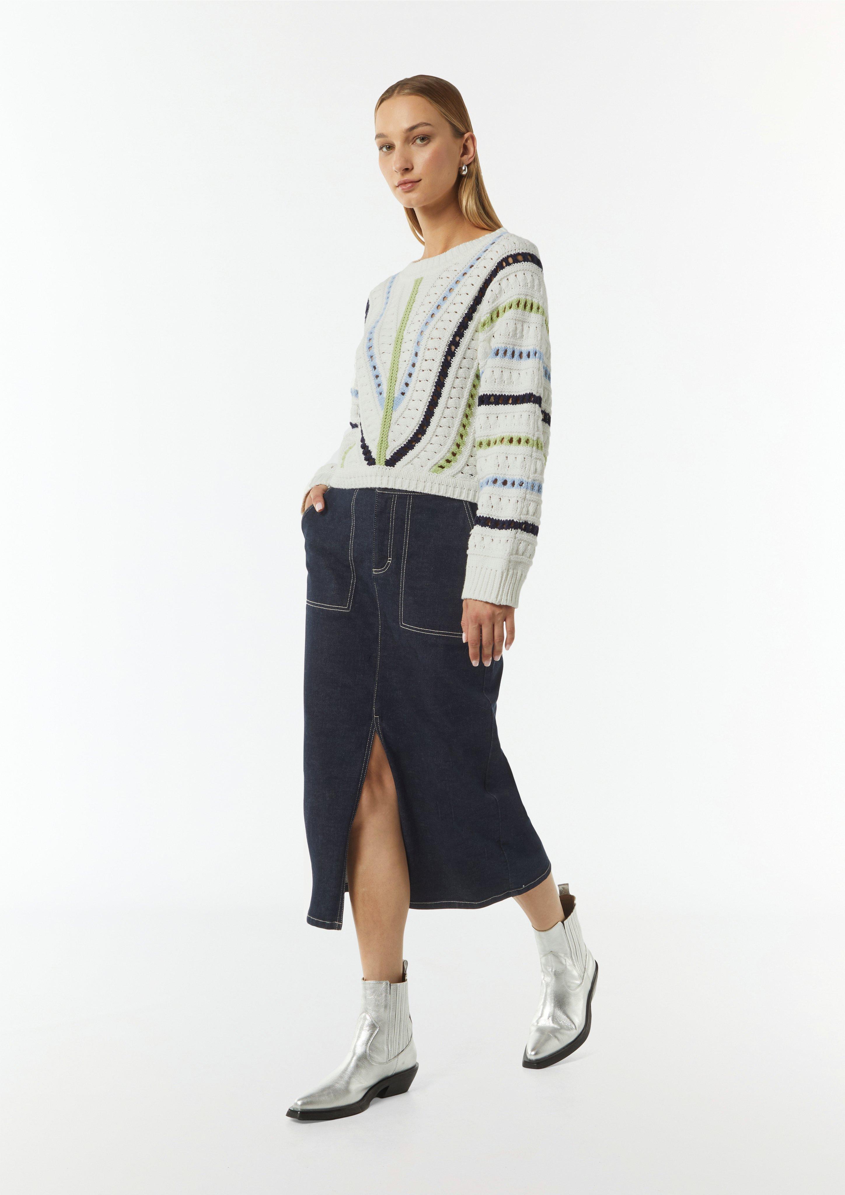 Cropped Strickpullover mit Ajourmuster - weiß