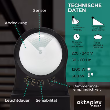 Oktaplex motion Bewegungsmelder Aussen IP65 230V, Aufputz Infrarotsensor anthrazit Erfassungsbereich einstellbar