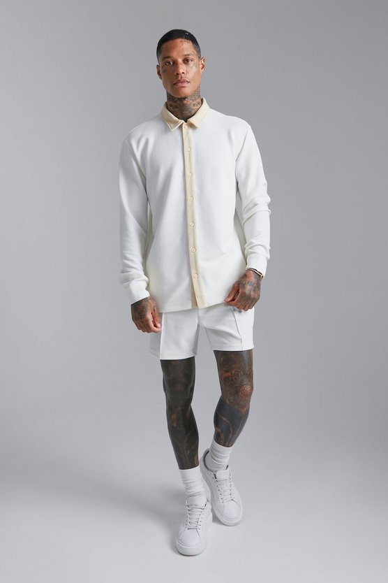 Langärmliges strukturiertes Jersey-Hemd und Shorts