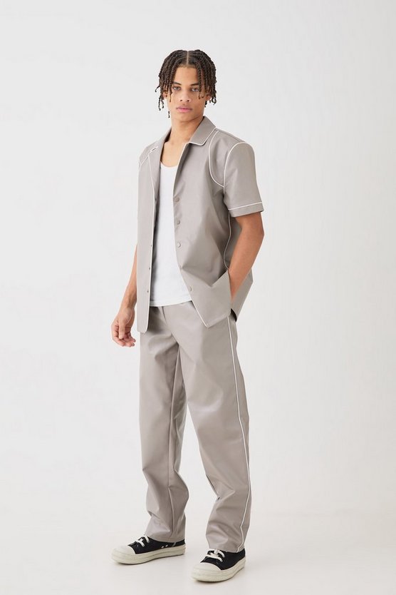 Short Sleeve Revere Piped Pu Shirt & Trouser Set
