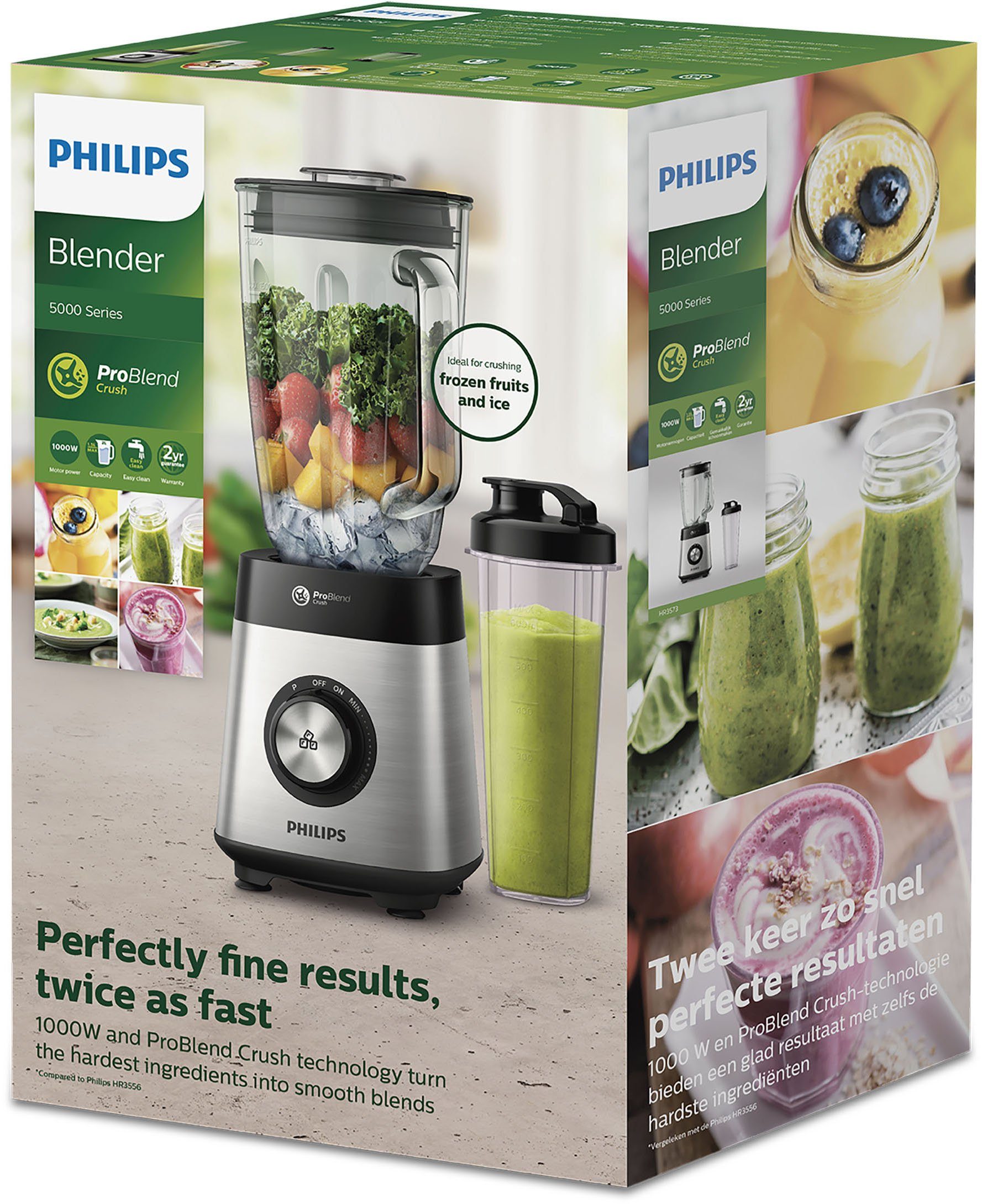 Philips Standmixer HR3573/90, 1000 W, 27.000 U/Min. und 1,5l Volumen, inkl. Glasbehälter mit Trinkaufsatz