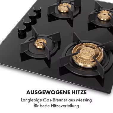Klarstein Gas-Kochfeld Goldflame 4 Gaskochfeld 4-flammig Messing-Brenner Glaskeramik schwarz CP11-Goldflame-4, Einbau Gas Kochfeld Gasherd 4 Platten Kochplatte Einbaukochfeld