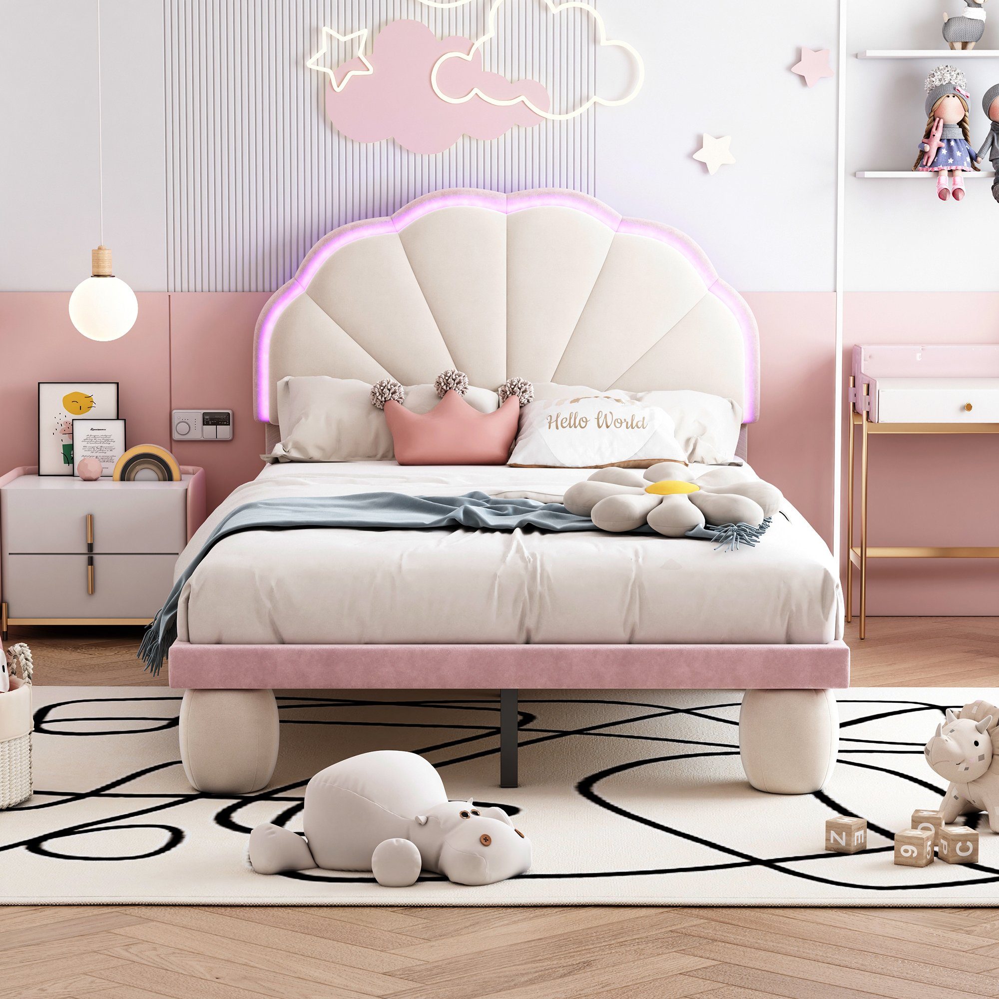Flieks Polsterbett, LED Beleuchtung Kinderbett Einzelbett mit runden Beine 90x200cm Samt