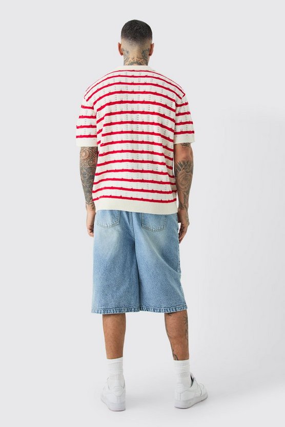 Tall kurzärmliges gehäkeltes Oversize Poloshirt mit Streifen
