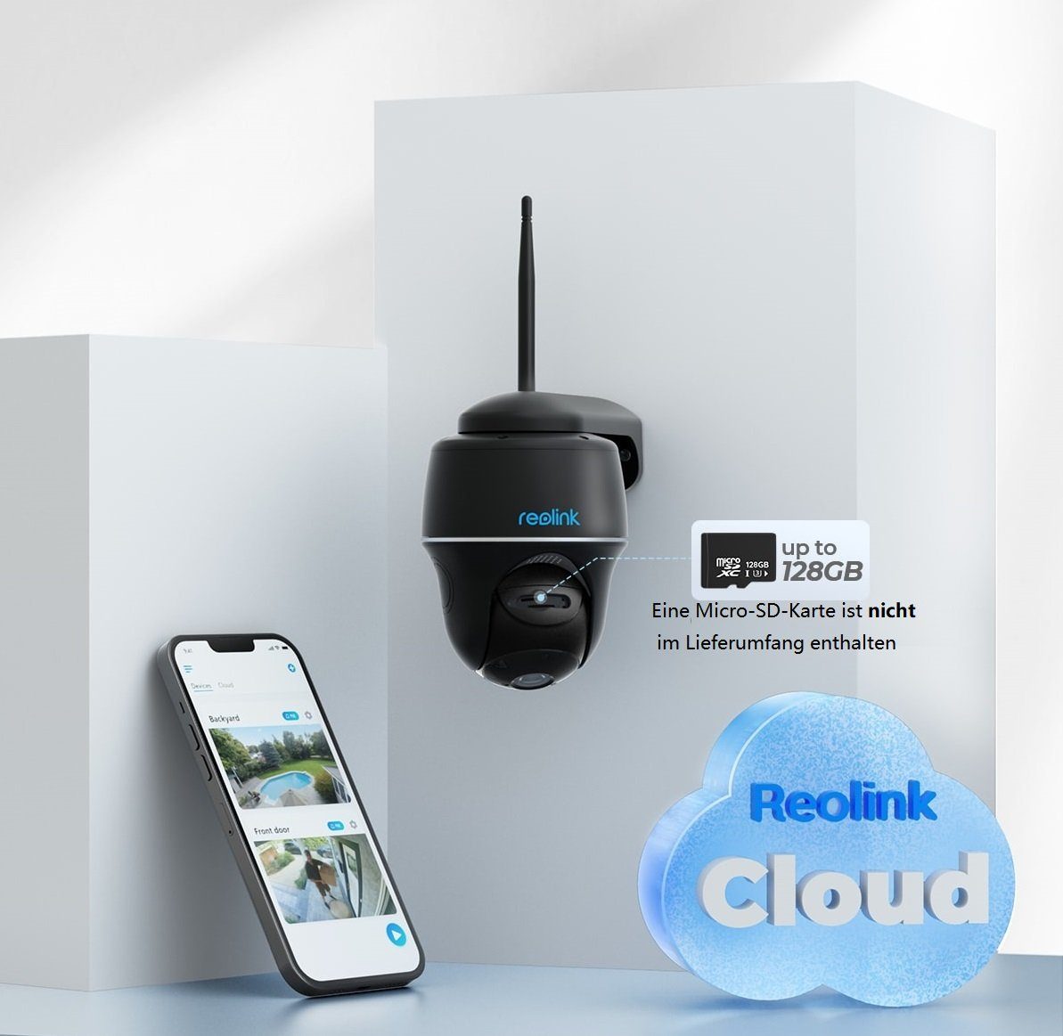 Reolink Argus PT Pro+SP 4MP PTZ Akku- oder solarbetriebene 2,4/5GHz WLAN IP Überwachungskamera (Außenbereich, PIR-Erkennung, IR-Nachtsicht, Could-Speicherung)