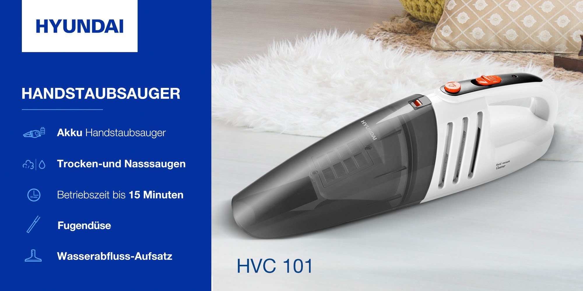 Hyundai Akku-Handstaubsauger HVC101, beutellos, Akku 4,8 V NiMH, Akkudauer bis zu 15 Min