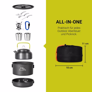 MSports® Gaskocher Camping Kochset 11-teilig Kochgeschirr Set Outdoor aus Aluminium Geschirr Set, Kochtopf Topf & Pfanne