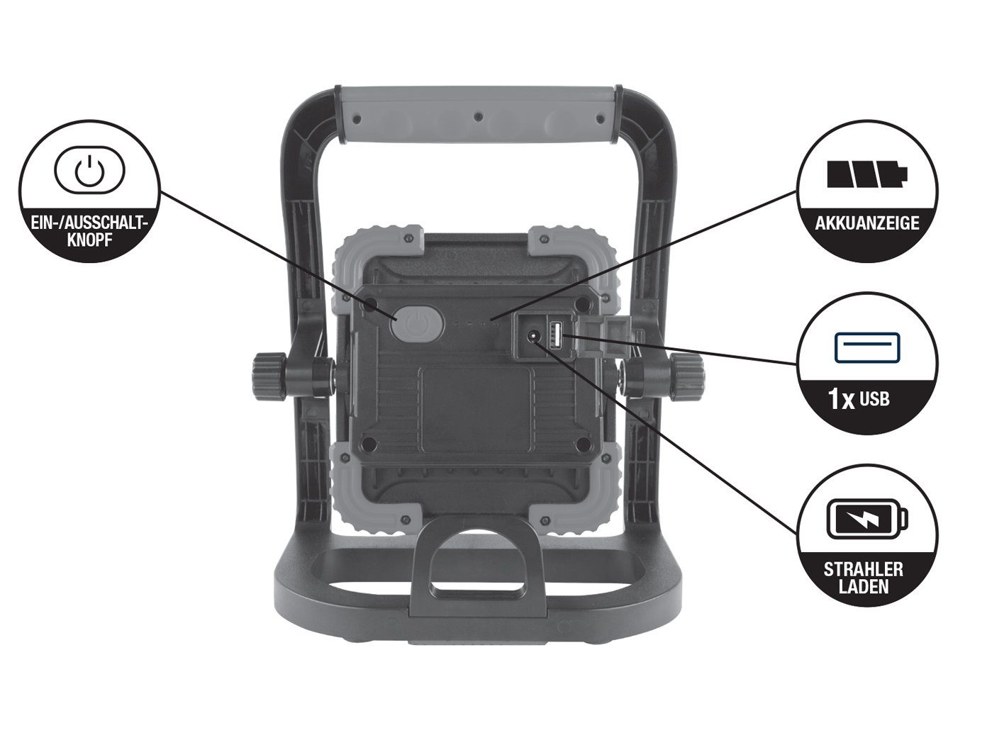 REV Baustrahler, LED fest integriert, Tageslichtweiß, USB Werkstattlampe mit AKKU, Arbeitslampe Handlampe Baulampe IP 54